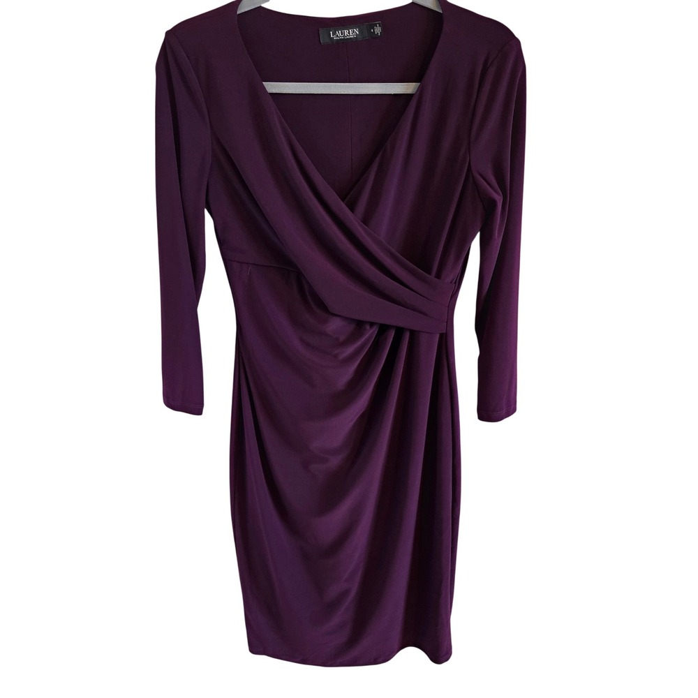 Lauren Ralph Lauren Purple Faux Wrap Ruched Sheath Dress 4 Plum 3/4 Sleeve